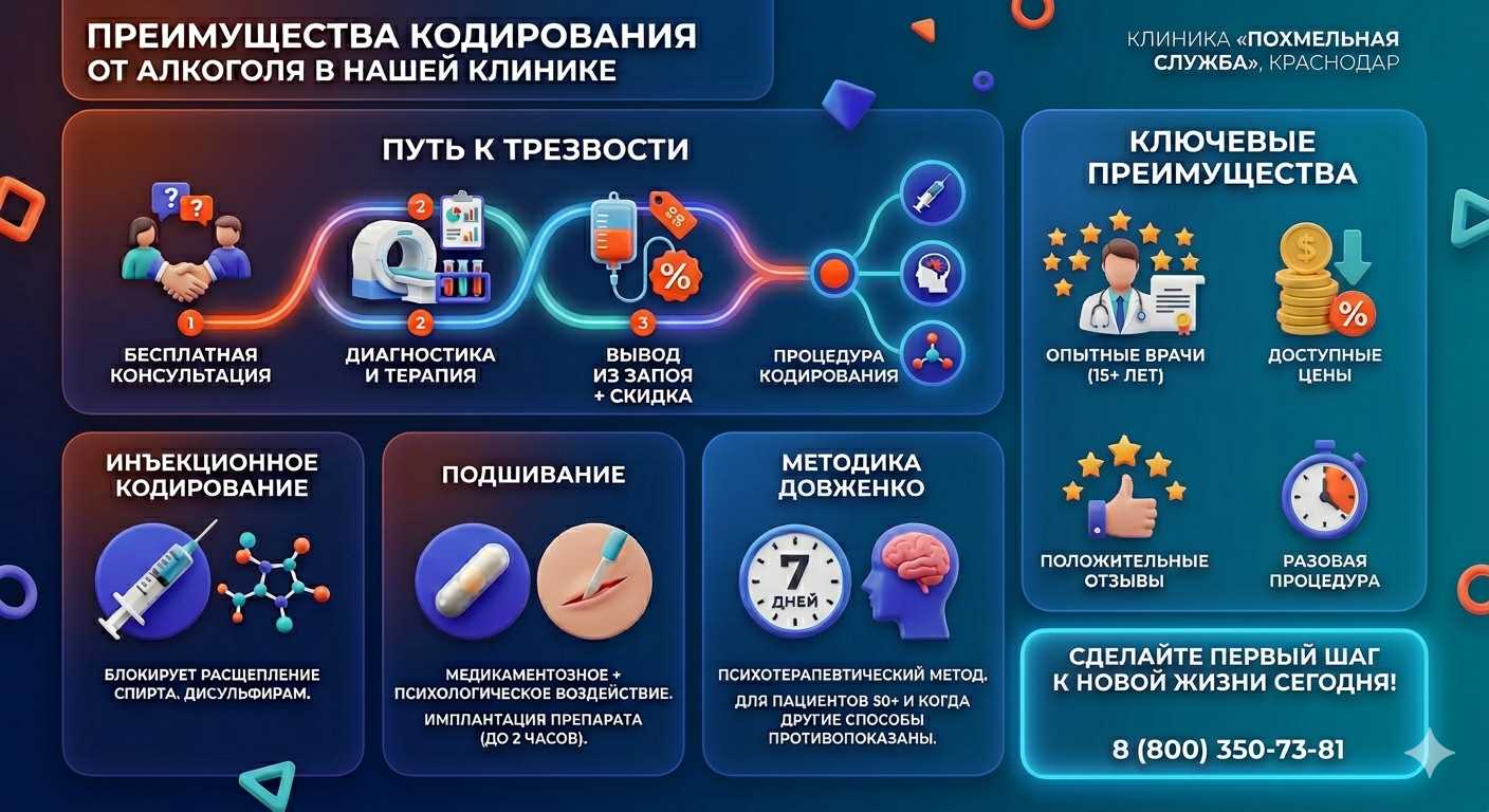 Инфографика о методах кодирования от алкоголя в Эльбане: инъекции, подшивание, метод Довженко. Преимущества клиники и этапы лечения.